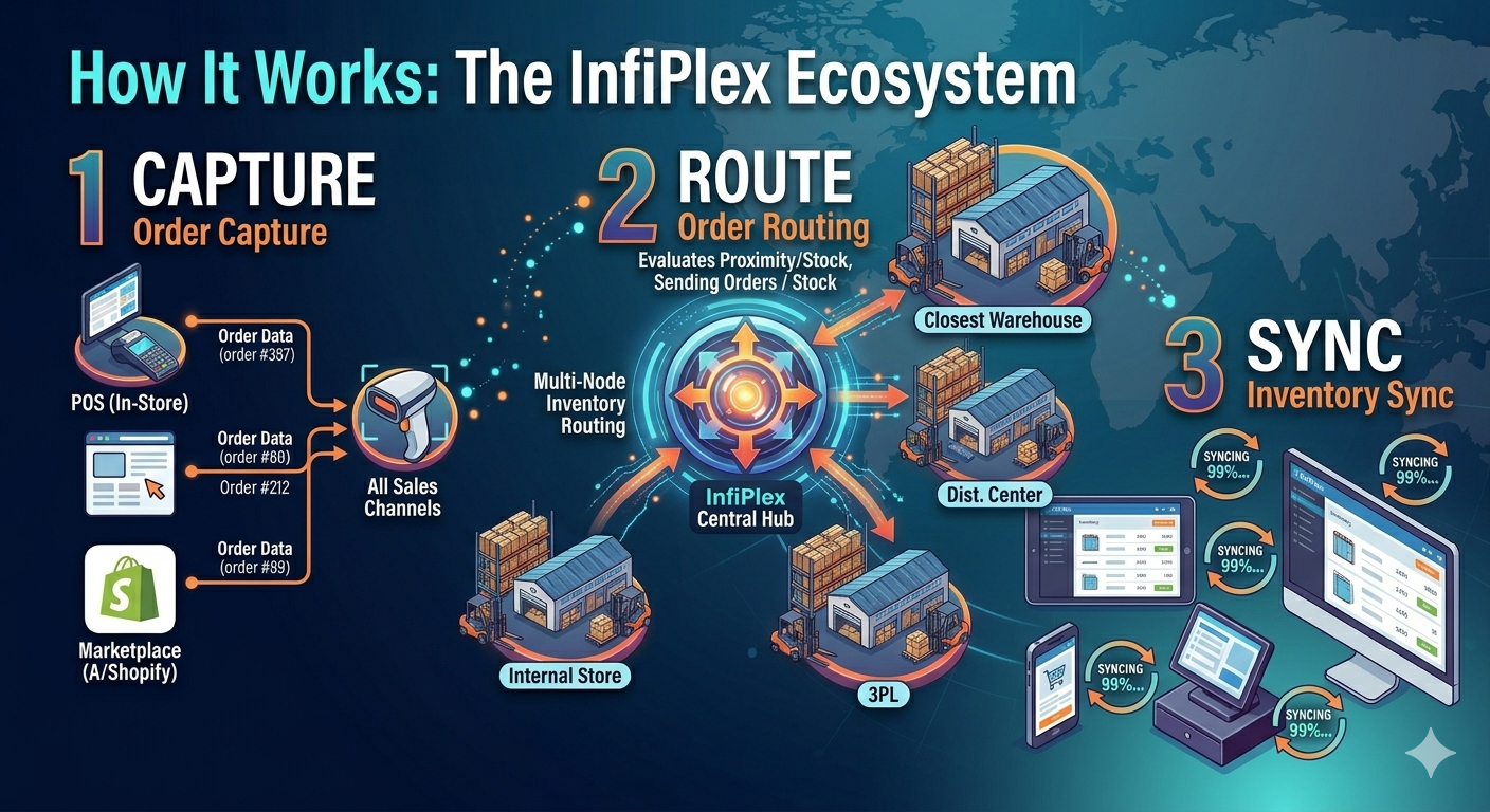 InfiPlex Unified Retail Commerce Architecture Diagram showing Capture, Route, and Sync mechanics between POS, Multi-Warehouse, and Marketplaces