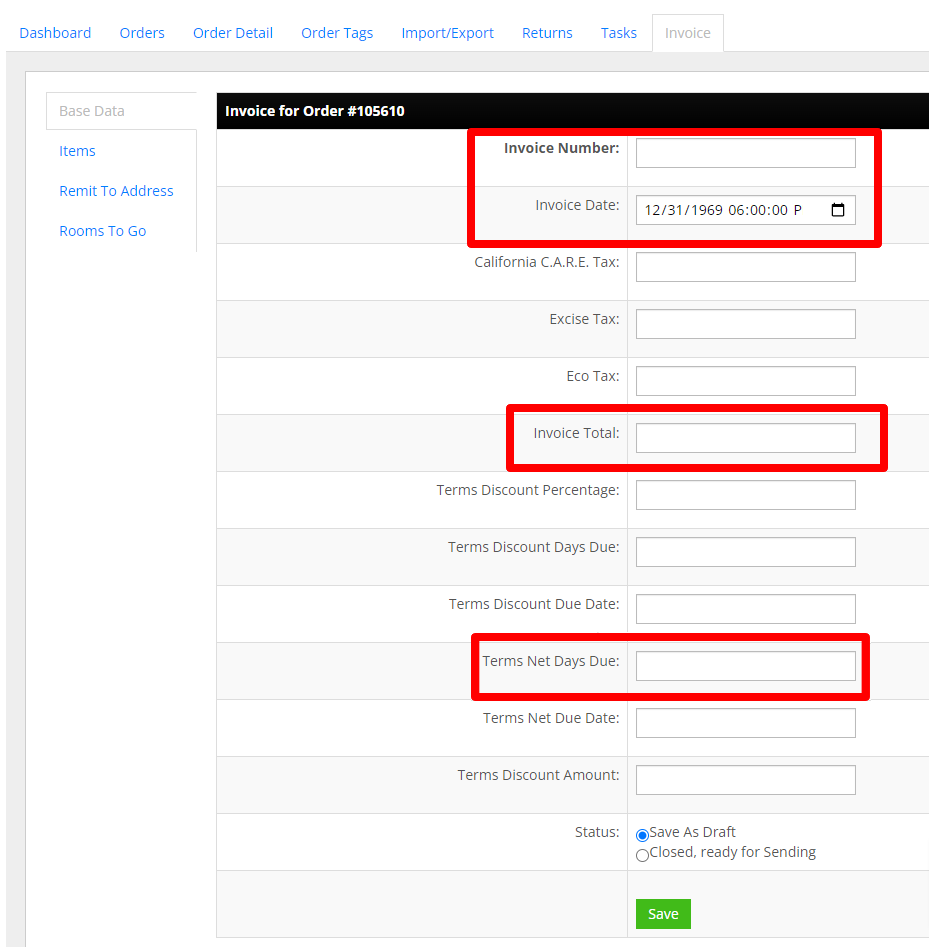 Rooms To Go Invoicing - Base Data tab