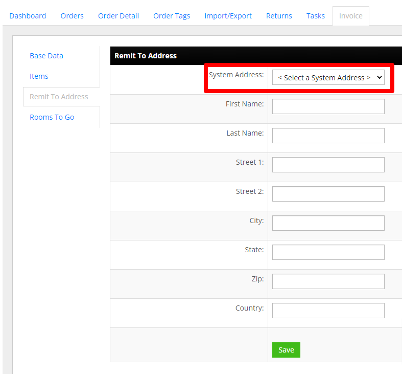 Rooms To Go Invoicing - Remit Address tab