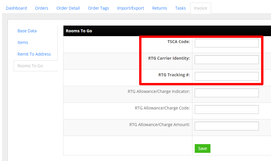 Rooms To Go Invoicing - Rooms To Go tab