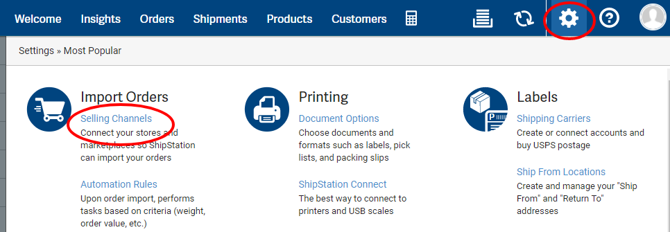 ShipStation Settings Page